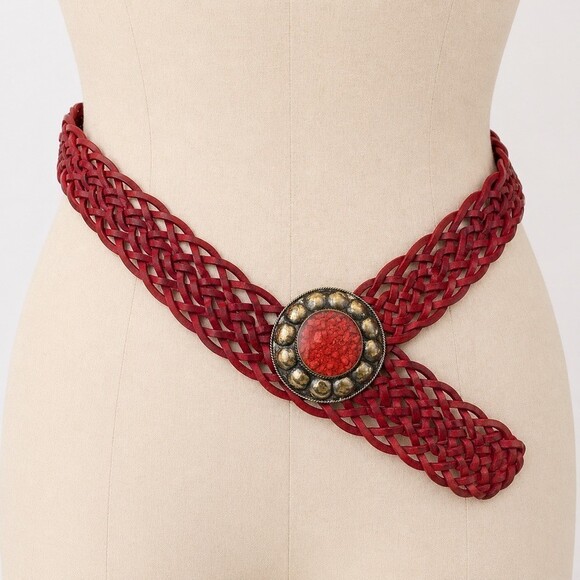 Vintage Braided Red Leather Belt wide Silver Coral Inlay womens XL 1X boho